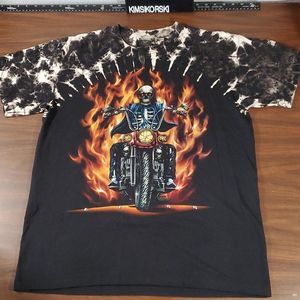 SURVIVORS Biker Skeleton on Motorcycle Studded Tie Dye Graphic‎ Tee T-Shirt